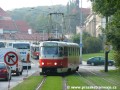 Vůz T3R.P ev.č.8447 vypravený na linku 25 opouští jednokolejnou manipulační trať v ulici Hládkov. | 27.9.2005