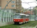 Souprava vozů T3R.P ev.č.8454+8455 vypravená na linku 14 míří zatravněným úsekem tratě podél Werichovy ulice k zastávce Poliklinika Barrandov | 3.8.2005