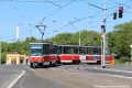 Souprava vozů T6A5 #8612+#8613 vypravená na linku 26 odbočuje křižovatkou Strojimport k zastávce Želivského u metra. | 19. 5. 2013