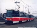 Souprava vozů T6A5 ev.č.8617+8618 vypravená na linku 3 v nástupní zastávce smyčky Sídliště Modřany | 17.3.1996