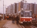 Vůz KT8D5 ev.č.9001 ve smyčce Sídliště Řepy během zkoušek průjezdného profilu | 1988
