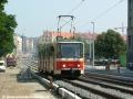Zátěžové zkoušky na rekonstruované trati provádí vůz KT8D5 ev.č.9035 mířící Sokolovskou ulicí do prostoru zastávky Divadlo Gong. | 1.9.2005