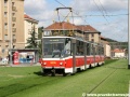 Vůz KT8D5 ev.č.9036 vypravený na linku 8 projíždí zatravněným úsekem tramvajové tratě v prostoru někdejší smyčky Podbaba. | 14.9.2011
