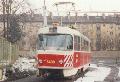 Sněhový pluh 5408 čeká na výjezd z vozovny Žižkov za počínající chumelenice