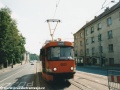První ryze pracovní zastavení vozu T3 ev.č.5521 na Kotlářce. Je potřeba prověřit novou výhybku. | 24.8.2003
