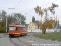 Měřící vůz T3 ev.č.5521 během kolaudace tramvajové tratě v ulici Milady Horákové projíždí střední kolejí smyčky Špejchar | 2.11.2009